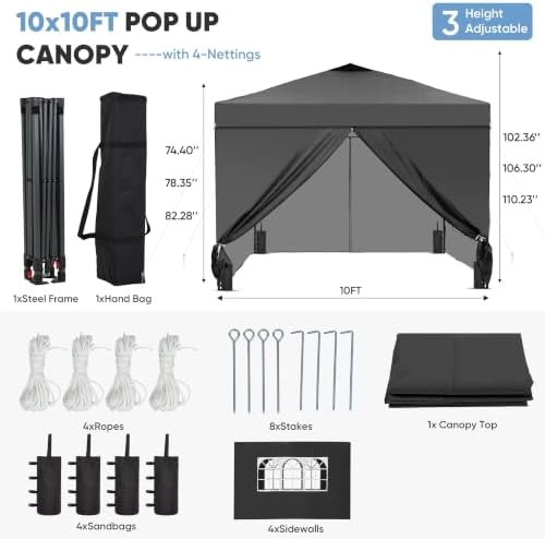 10x10 Pop Up Canopy Tent with 4 Sidewalls, Easy Set up, Outdoor Silver Coated Beach Gazebos, Carpas with 4, alternate view 3