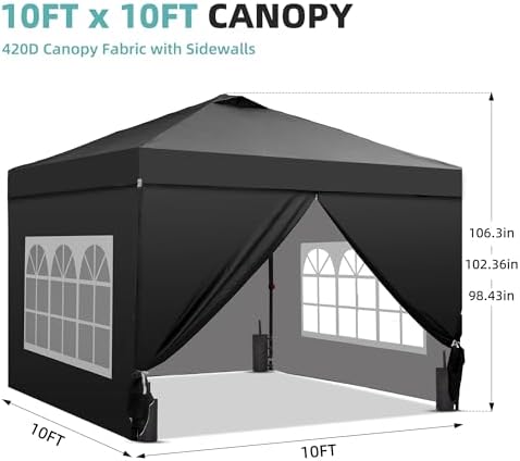 10x10 Pop Up Canopy Tent with 4 Sidewalls, Easy Set up with One Push Lift Outdoor Silver Coated Beach Gazebos, alternate view
