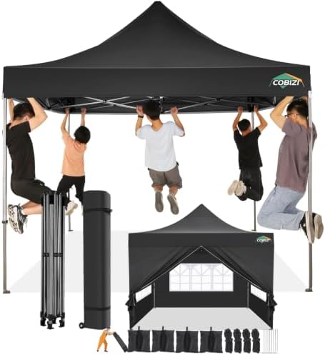 10x10 Pop Up Canopy Tent with 4 Sidewalls, Heavy Duty Canopy, Black in Black