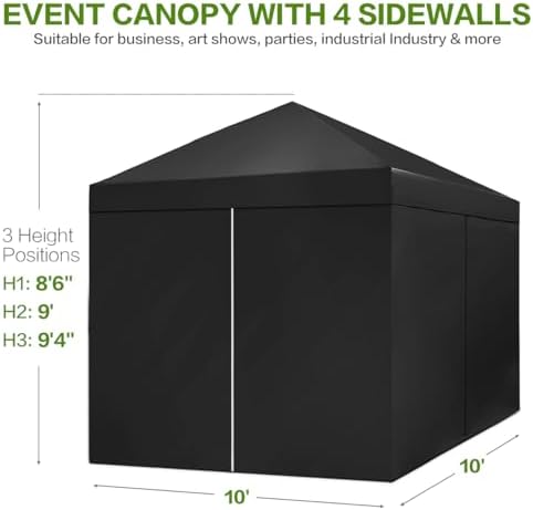 10X10 Pop Up Canopy Tent with 4 Sidewalls, Outdoor, One Push Setup in Pitch black, alternate view 3