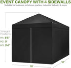 10X10 Pop Up Canopy Tent with 4 Sidewalls, Outdoor, One Push Setup in Pitch black, alternate view 3