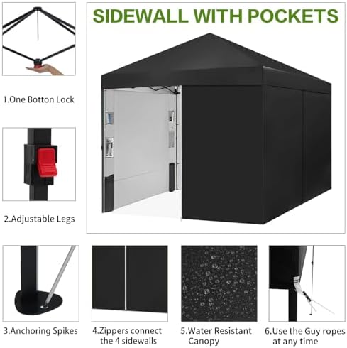 10X10 Pop Up Canopy Tent with 4 Sidewalls, Outdoor, One Push Setup in Pitch black, alternate view 4