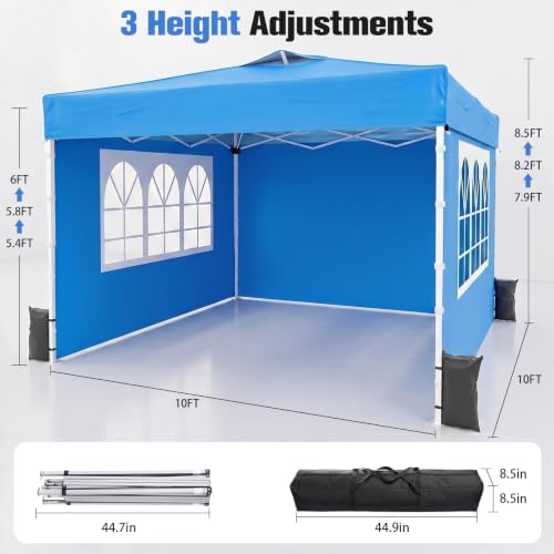 10x10 Pop Up Canopy Tent with One Push Setup, 3 Adjustable Heights, Blue in Blue, alternate view 2