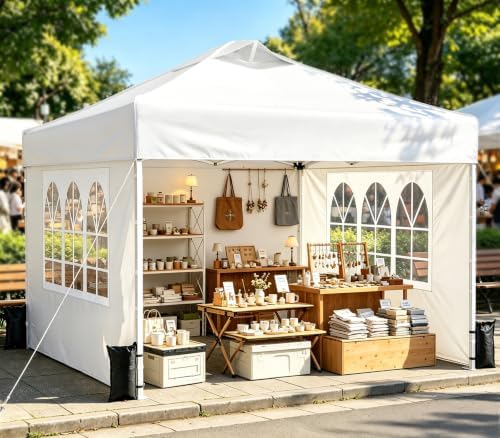 10x10 Pop Up Canopy Tent with One Push Setup, 3 Adjustable Heights, White in White