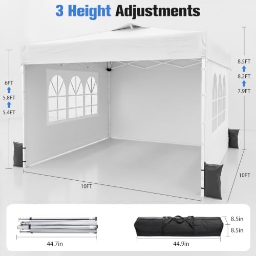 10x10 Pop Up Canopy Tent with One Push Setup, 3 Adjustable Heights, White in White, alternate view 2