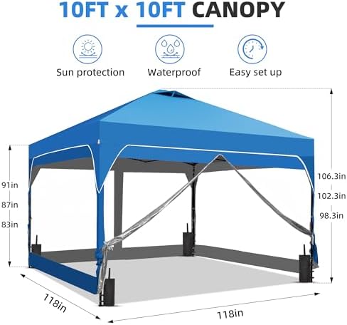 10x10 Pop Up Canopy Tent with One Push Setup, Outdoor Sun Shade Canopy for Backyard Party, Easy Up Instant, alternate view 3