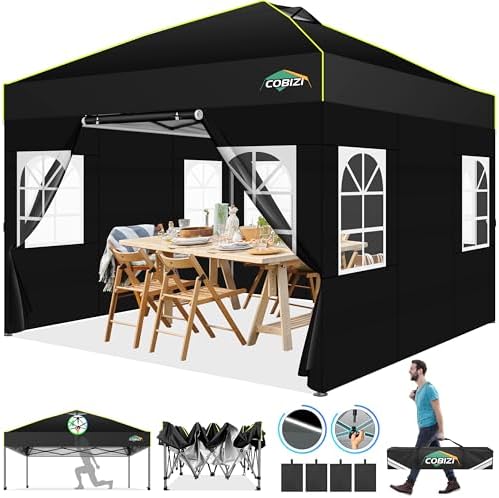 10x10 Pop up Canopy Tent with Sidewalls, One Push Setup Tent, Black in Black