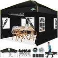 10x10 Pop up Canopy Tent with Sidewalls, One Push Setup Tent, Black in Black