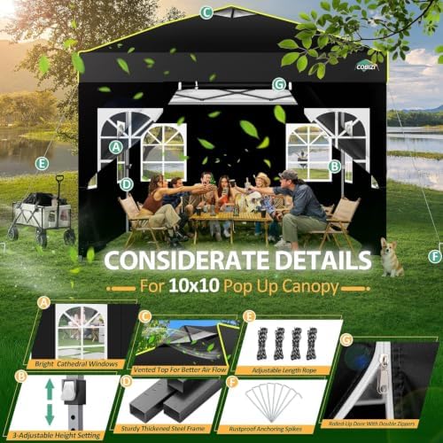 10x10 Pop up Canopy Tent with Sidewalls, One Push Setup Tent, Black in Black, alternate view 4