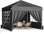 10x10 Pop Up Canopy Tent with Sidewalls, Portable Shelter, Black in Black