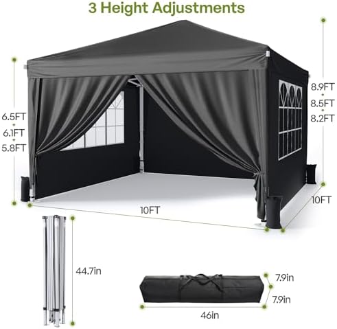 10x10 Pop Up Canopy Tent with Sidewalls, Portable Shelter, Black in Black, alternate view 3