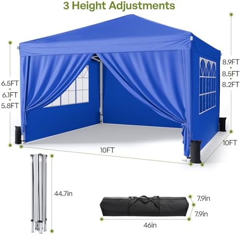 10x10 Pop Up Canopy Tent with Sidewalls, Portable Shelter, Blue in Blue, alternate view 3
