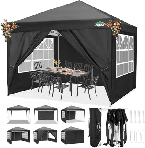 10x10 Pop Up Canopy with 4 Sidewalls, One Push Easy Setup, Black in Black