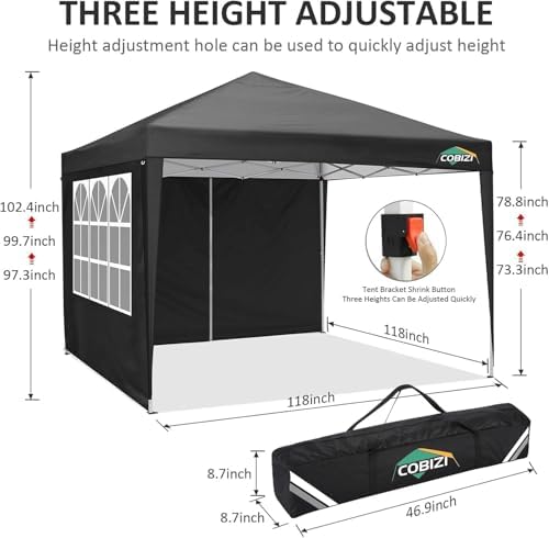 10x10 Pop Up Canopy with 4 Sidewalls, One Push Easy Setup, Black in Black, alternate view 3