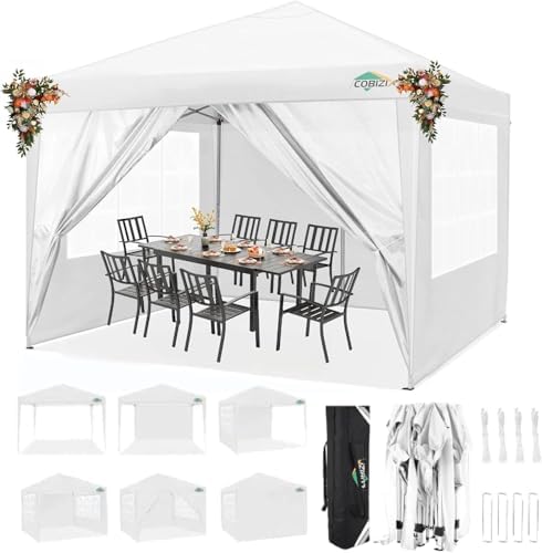 10x10 Pop Up Canopy with 4 Sidewalls, One Push Easy Setup, White in White