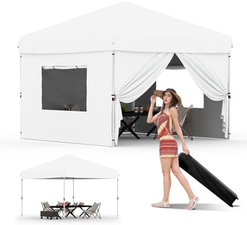 10x10 Pop Up Canopy with 4Pcs Sidewalls Outdoor Canopy, White in White