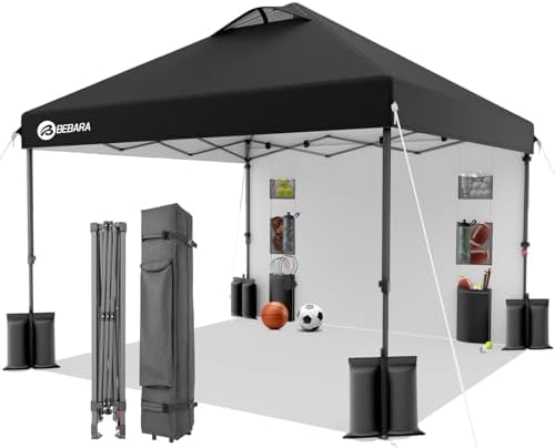 10x10 Pop Up Canopy with Sidewall, One Push Easy Setup, Black in Black