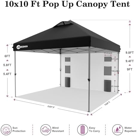 10x10 Pop Up Canopy with Sidewall, One Push Easy Setup, Black in Black, alternate view 2