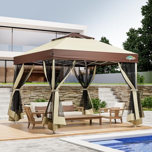 10x10 Pop up Gazebo, One-Push Setup Canopy Tent(Khaki & Brown)