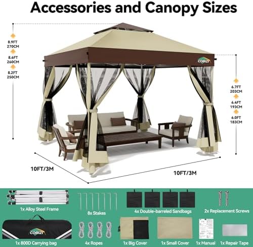 10x10 Pop up Gazebo, One-Push Setup Canopy Tent(Khaki & Brown), alternate view 2