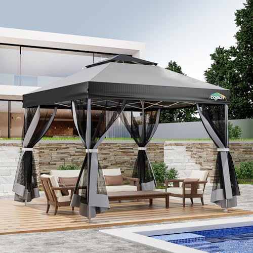10x10 Pop up Gazebo, One-Push Setup Canopy Tent(Light Gray & Gray)