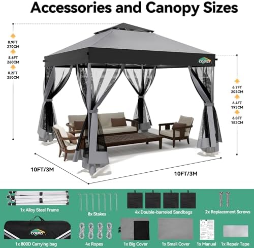 10x10 Pop up Gazebo, One-Push Setup Canopy Tent(Light Gray & Gray), alternate view 2