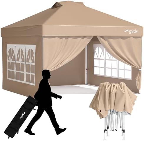 10x10 Pop Up Tent with 4 Sidewalls, One Push Canopy, CP23B, Khaki in Khaki