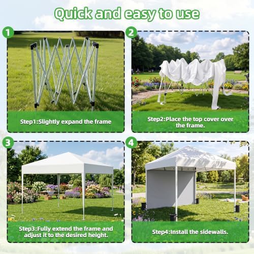 10x10 White Instant Canopy Tent 1 Sidewall Height Adjustable Portable Gazebo One-Touch Setup with Wheeled Bag, alternate view