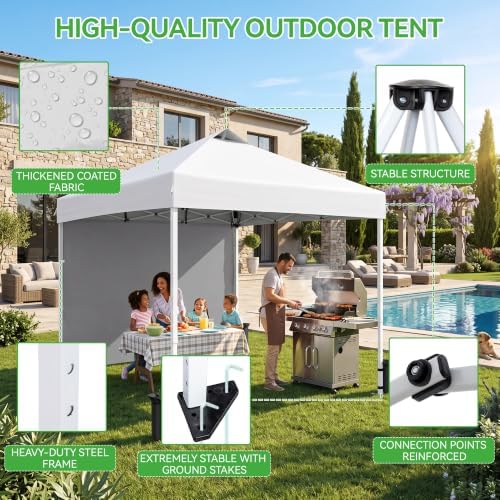 10x10 White Instant Canopy Tent 1 Sidewall Height Adjustable Portable Gazebo One-Touch Setup with Wheeled Bag, alternate view