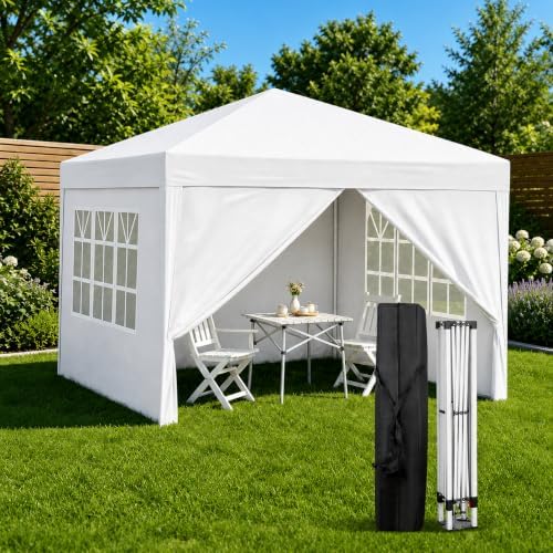 10x10 White Pop Up Canopy Tent 4 Sidewalls Height Adjustable Portable Gazebo One-Push Setup with Wheeled Bag for