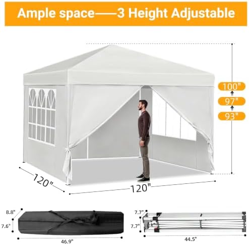 10x10 White Pop Up Canopy Tent 4 Sidewalls Height Adjustable Portable Gazebo One-Push Setup with Wheeled Bag for, alternate