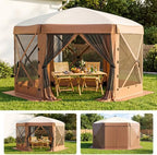 10x10FT 6-Sided Pop Up Gazebo Screen Tent with Mesh Panels, Brown in 10x10FT in Brown