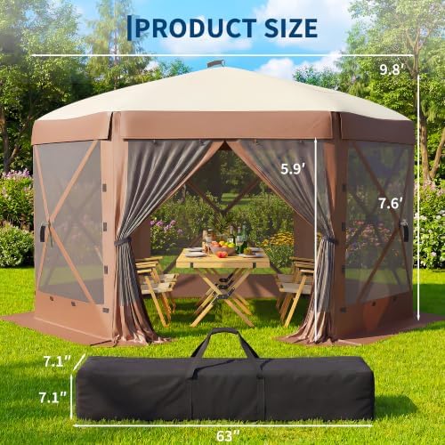 10x10FT 6-Sided Pop Up Gazebo Screen Tent with Mesh Panels, Brown in 10x10FT in Brown, alternate view 2