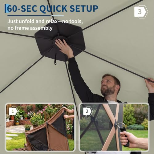 10x10FT 6-Sided Pop Up Gazebo Screen Tent with Mesh Panels, Brown in 10x10FT in Brown, alternate view 3