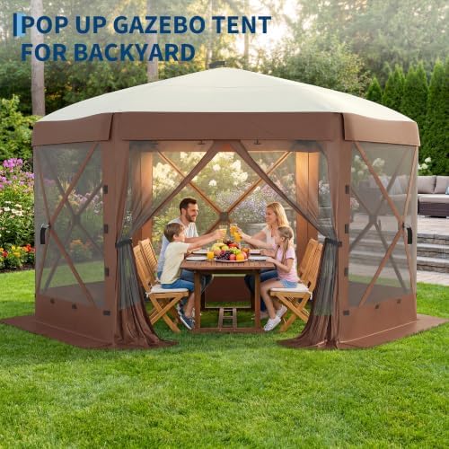 10x10FT 6-Sided Pop Up Gazebo Screen Tent with Mesh Panels, Brown in 10x10FT in Brown, alternate view 5