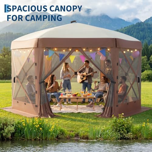 10x10FT 6-Sided Pop Up Gazebo Screen Tent with Mesh Panels, Brown in 10x10FT in Brown, alternate view 6