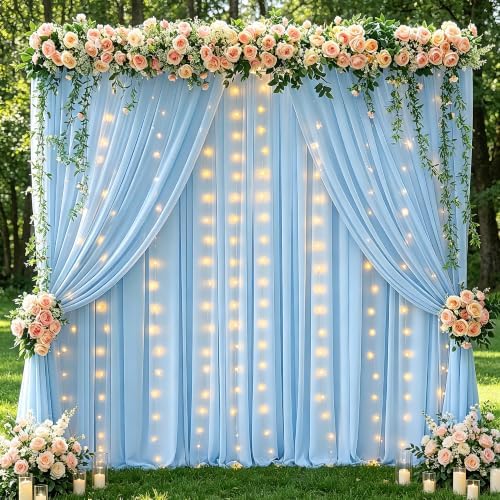 10x10ft Baby Blue Backdrop Curtains with Lights String for Parties,2 Panels in 5'(W) x 10'(H), 2 panels in Baby