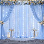 10x10ft Baby Blue Chiffon Backdrop Curtain with Lights String for Wedding Sheer Tulle Curtain Photo Backdrops