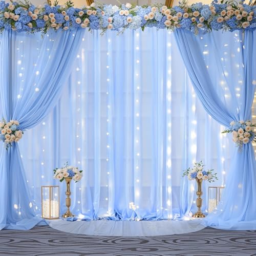 10x10ft Baby Blue Chiffon Backdrop Curtain with Lights String for Wedding Sheer Tulle Curtain Photo Backdrops