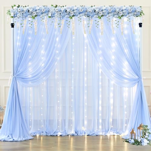 10x10ft Baby Blue Chiffon Backdrop Curtain with Lights String for Wedding Sheer Tulle Curtain Photo Backdrops, alternate view