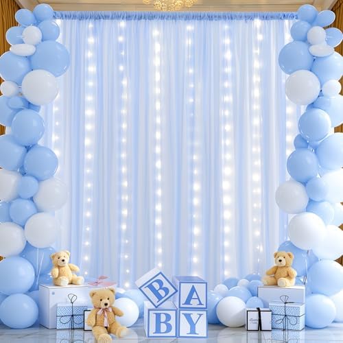 10x10ft Baby Blue Chiffon Backdrop Curtain with Lights String for Wedding Sheer Tulle Curtain Photo Backdrops, alternate view