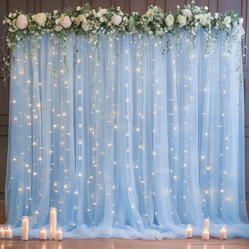10x10ft Baby Blue Tulle Backdrop Curtain with Lights String for Parites, Sheer Photo Backdrop Curtain Drapes for