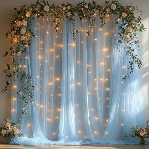 10x10ft Baby Blue Tulle Backdrop Curtain with String Lights, Wrinkle-Free Sheer Baby Shower Backdrop for