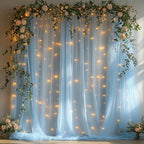 10x10ft Baby Blue Tulle Backdrop Curtain with String Lights, Wrinkle-Free Sheer Baby Shower Backdrop for