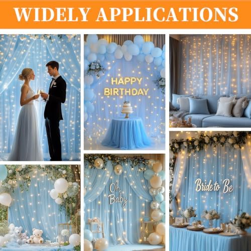 10x10ft Baby Blue Tulle Backdrop Curtain with String Lights, Wrinkle-Free Sheer Baby Shower Backdrop for, alternate view 2