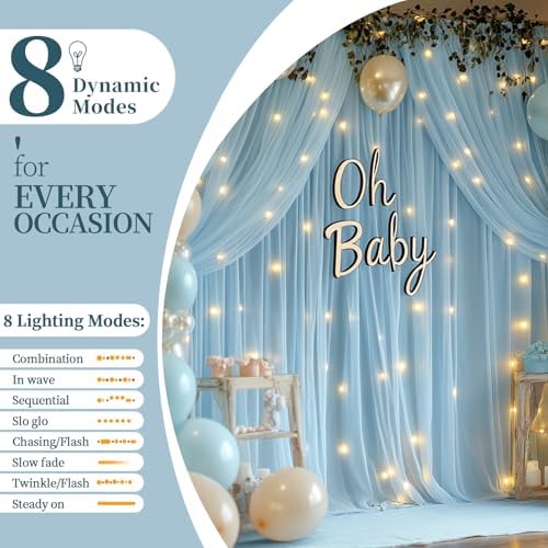 10x10ft Baby Blue Tulle Backdrop Curtain with String Lights, Wrinkle-Free Sheer Baby Shower Backdrop for, alternate view 4