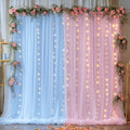 10x10ft Baby Pink Blue Tulle Backdrop Curtain with Lights String for Parites, Sheer Photo Backdrop Drapes with