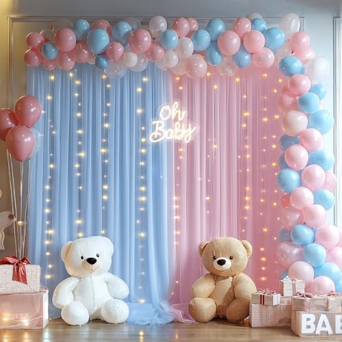 10x10ft Baby Pink Blue Tulle Backdrop Curtain with Lights String for Parites, Sheer Photo Backdrop Drapes with, alternate
