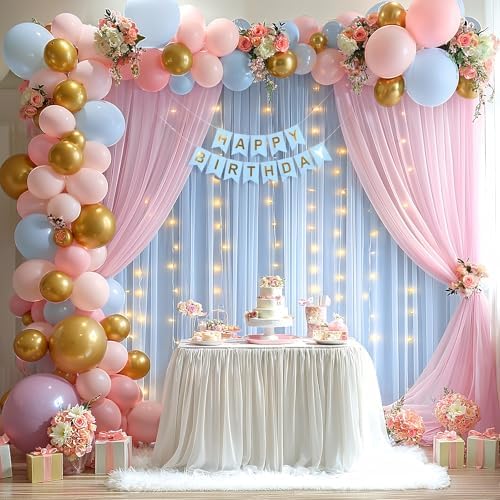 10x10ft Baby Pink Blue Tulle Backdrop Curtain with Lights String for Parites, Sheer Photo Backdrop Drapes with, alternate