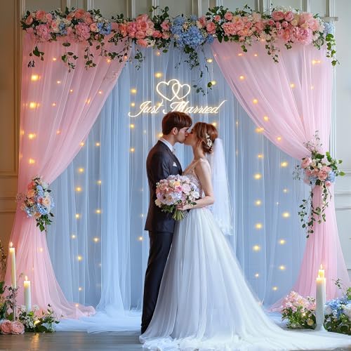 10x10ft Baby Pink Blue Tulle Backdrop Curtain with Lights String for Parites, Sheer Photo Backdrop Drapes with, alternate